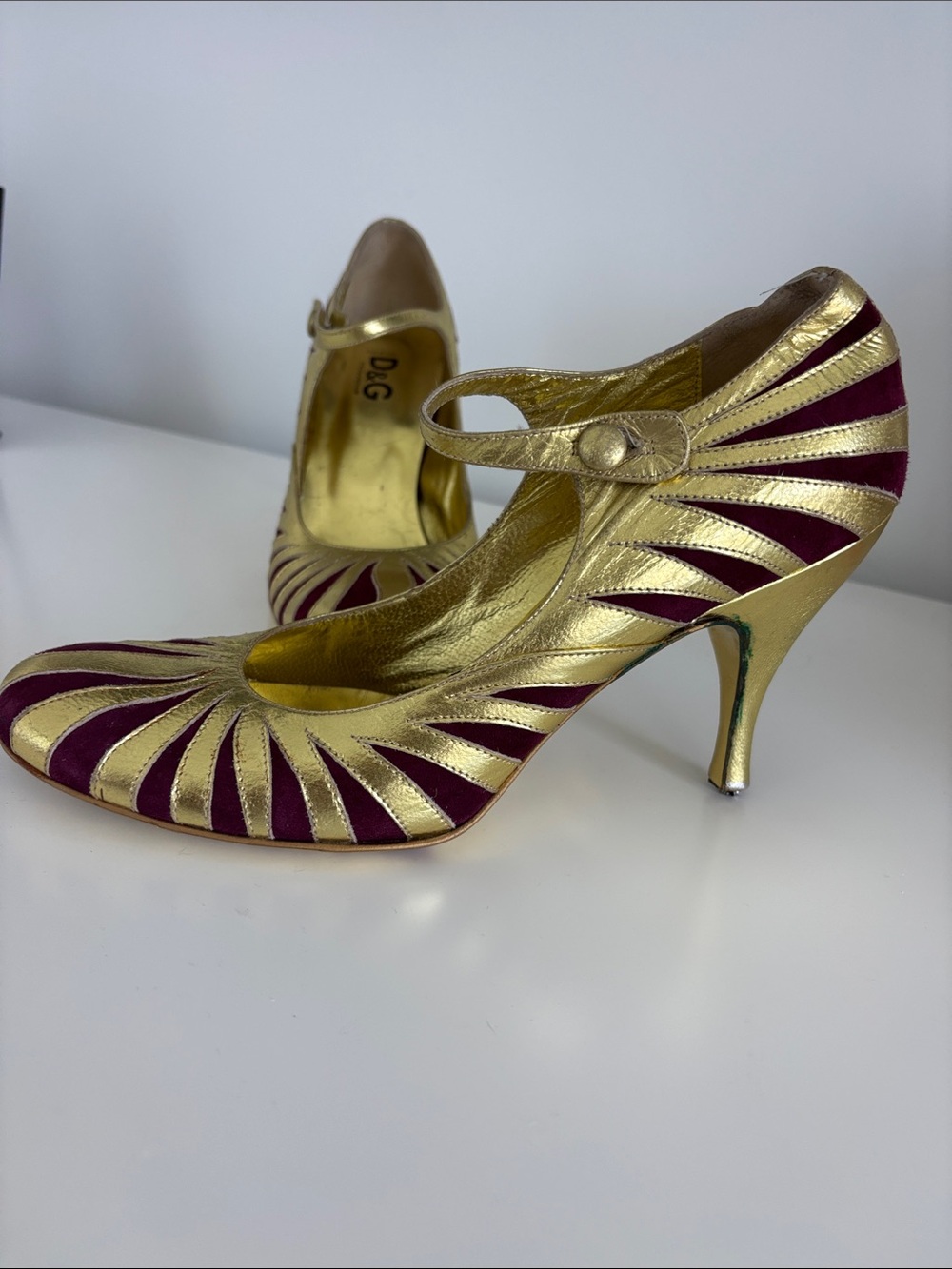 Dolce & Gabbana Gold and Burgundy Strappy Mary Jane Heels